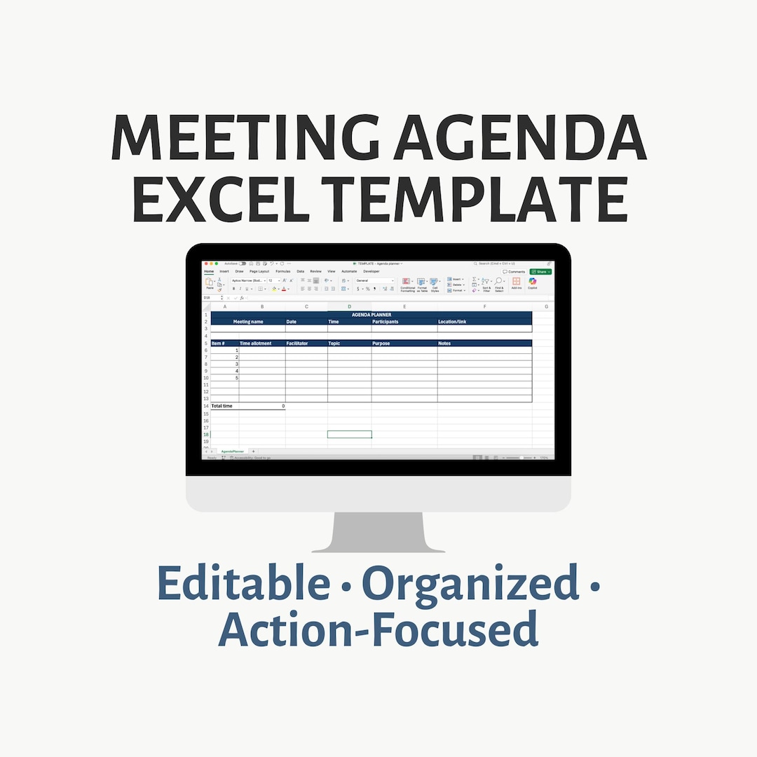 Meeting Agenda Excel Template – Editable Planner With Action Items