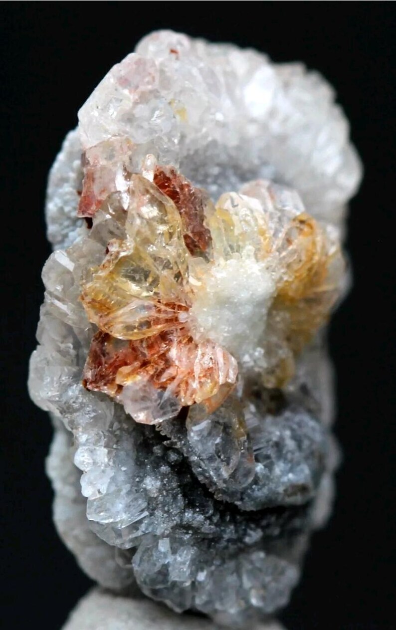 Puede incluir: Primer plano de un esp&eacute;cimen mineral con un grupo de cristales transparentes. Los cristales muestran colores claros, &aacute;mbar y marr&oacute;n rojizo, sobre un fondo de roca gris y blanca. Fondo negro.