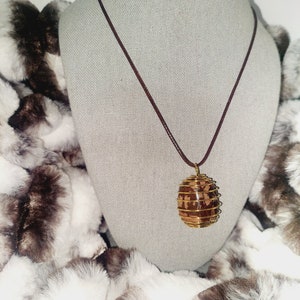 May include: A brown and gold caged pendant necklace. The pendant is a brown stone with gold wire wrapped around it. The necklace is on a brown cord.