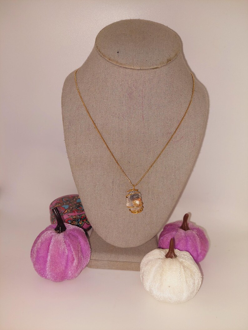 Puede incluir: Un collar dorado con un colgante sobre un maniqu&iacute;. El colgante tiene una piedra de color claro con un marco de alambre dorado. En primer plano, hay calabazas rosas y blancas decorativas y una caja estampada.
