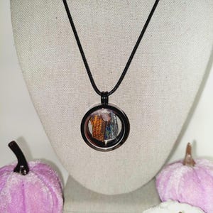 May include: A black cord necklace with a circular pendant. The pendant has a dark metal frame and contains a small, colorful image. The background includes a neutral-colored display and decorative purple pumpkins.