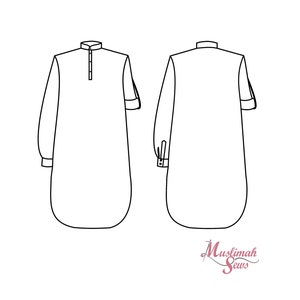 May include: Line drawing of a long-sleeved shirt with a button-up collar and long sleeves. The shirt is shown from the front and back. The drawing is in black and white.