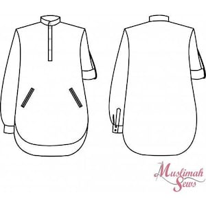 May include: Line drawing of a long-sleeved shirt with a mandarin collar and two pockets. The shirt is shown from the front and back.