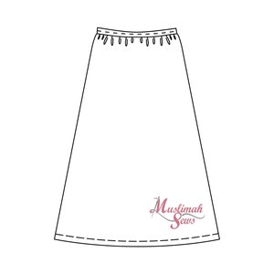 May include: A white skirt with a black elastic waistband and a pink logo that says "Muslimah Sews".