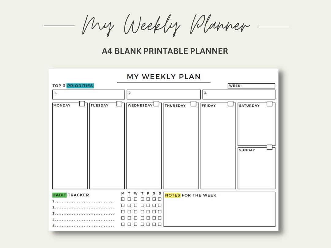 A4 Printable Weekly Planner (undated) to Do List, Weekly Habit Tracker ...