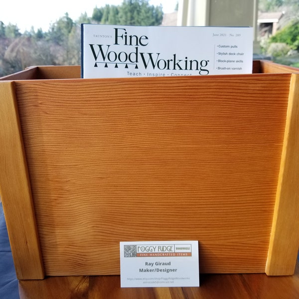 Handcrafted magazine storage or paper recycling box made of vertical grain Douglas Fir