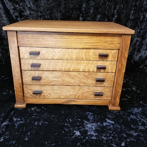 Mission Oak Handmade Wooden Jewelry Box quarter sawn oak with four drawers and top chest storage.  Stickley and Arts and Craft Style.