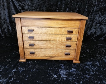 Mission Oak Handmade Wooden Jewelry Box quarter sawn oak with four drawers and top chest storage.  Stickley and Arts and Craft Style.