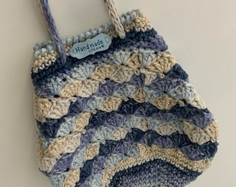 Drawstring bag, crochet bag, drawstring pouch, round bottom, shades of blue, gift for her