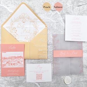 Invitation Mariage Acrylique Pêche - Saumon | 3mm, RSVP QR, Carte Détails & Carte Lieu Illustrée