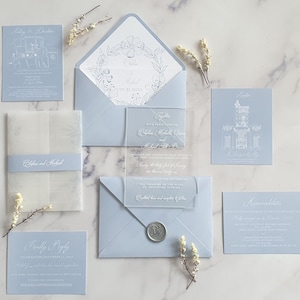 Personalisierte blaue Acryl Hochzeitseinladung mit Antwortkarten, anpassbare Hochzeitseinladung Blumenplexiglas einladen, Detailkarten