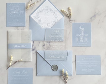 Personalized Blue Acrylic Wedding Invitation with RSVP set, Customizable Wedding Invitation Floral plexi glass Invite, Details Cards