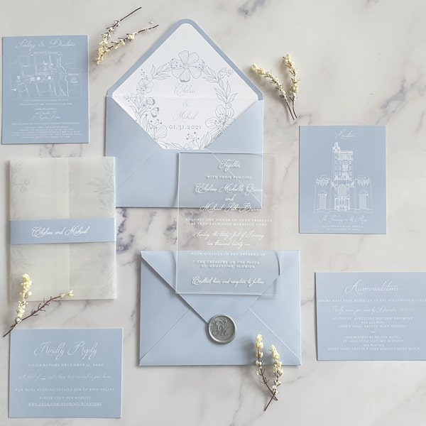 Blue Acrylic Wedding Invitation with RSVP set, Customizable Wedding Invitation Floral plexi glass Invite, Details Card with Place Drawing