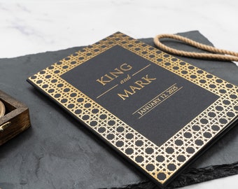 Personalized Black Hardcover Wedding Invitation with Gold Foil – Elegant Ivory Paper Luxury Wedding Invite Suite