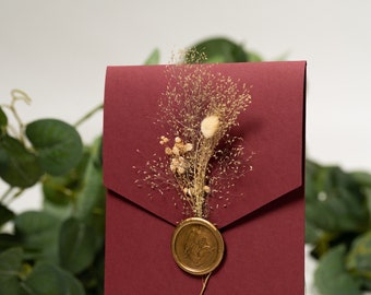 Acrylic Invitation, Transparent Invitation With Burgundy Envelope, gold foil print With Wax Seal and flowers