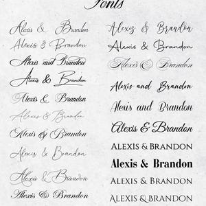May include: A collection of different fonts displaying the names "Alexis & Brandon" in various styles, including cursive, script, and all caps.