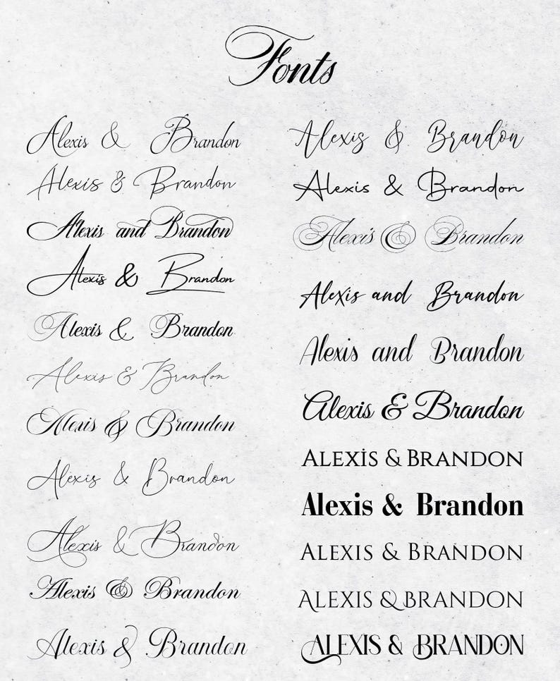 May include: A collection of different fonts displaying the names "Alexis & Brandon" in various styles, including cursive, script, and all caps.