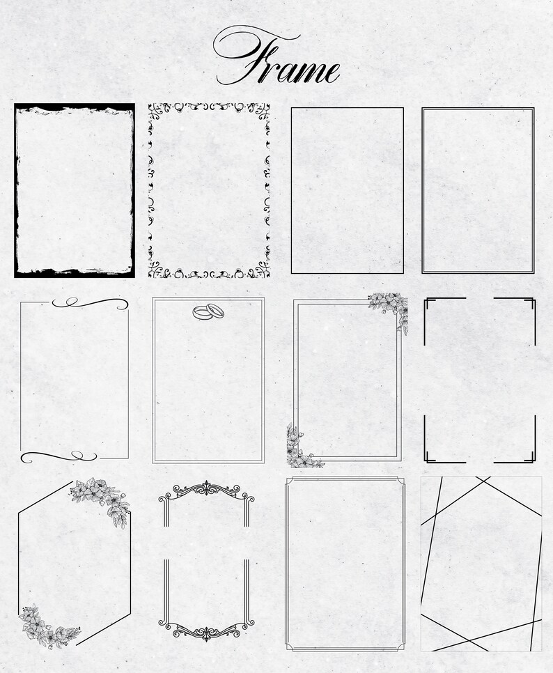 May include: A collection of twelve distinct black and white rectangular frames arranged in a grid on a light gray background. The word Frame is written in a cursive script at the top. Each frame features unique border designs including floral motifs, geometric lines, and decorative scrolls.