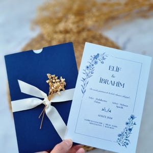 Navy blue Wedding Invitation, Blue envelope with flowers and ribbon details, Modern wedding invitation with embossed print