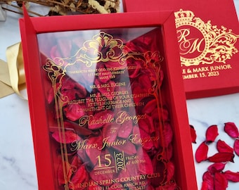 Luxury Acrylic Wedding Invitation Box, Rose Petal, Gold Foil Detail (Customizable)