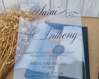Black Foil Acrylic Wedding Invitation – Custom Wax Seal & Baby’s Breath, Luxury Black Box