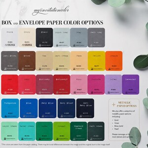 May include: A color chart displaying various paper options for boxes and envelopes, featuring rows of labeled rectangular swatches in shades of white, gray, brown, yellow, orange, red, pink, purple, blue, and green, with a metallic paper options box.