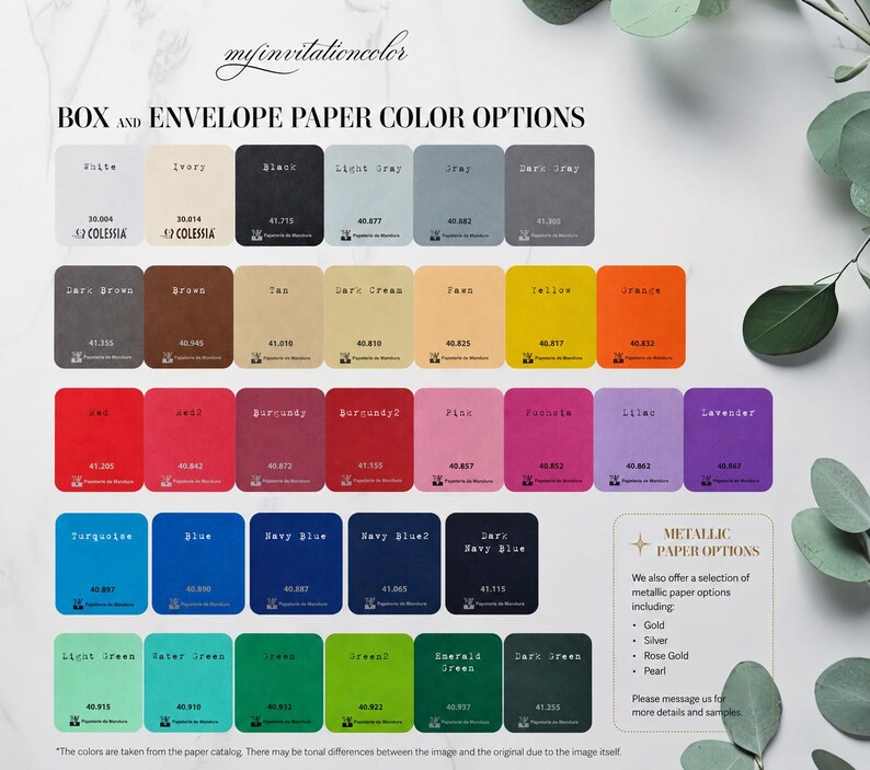 May include: A color chart displaying various paper options for boxes and envelopes, featuring rows of labeled rectangular swatches in shades of white, gray, brown, yellow, orange, red, pink, purple, blue, and green, with a metallic paper options box.