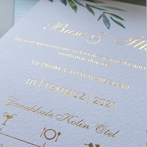 Luxus-Hochzeitseinladung mit Blättern & Blumen, Olivenblatt, Transparenter Umschlag, Stempel-Goldvergoldung