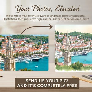 K&ouml;nnte beinhalten: Werbung mit zwei Bildern einer K&uuml;stenstadt, die eine Foto-zu-Illustration-Transformation zeigt. Der Text lautet "Your Photos, Elevated" und "Send us your pic! And it's completely free."