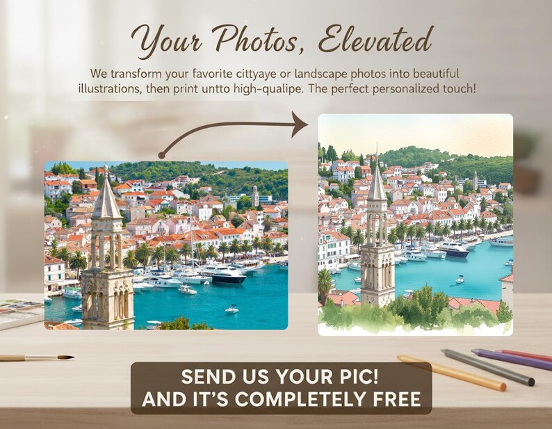 K&ouml;nnte beinhalten: Werbung mit zwei Bildern einer K&uuml;stenstadt, die eine Foto-zu-Illustration-Transformation zeigt. Der Text lautet "Your Photos, Elevated" und "Send us your pic! And it's completely free."