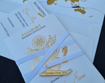 White Invite Luxury Passport Wedding with acrylic boat , Gold Foil Boarding Pass, Wedding Abroad, Travel, pearlescent glossy paper
