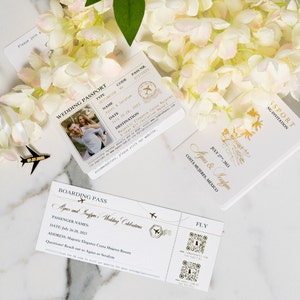 Faire-part de mariage passeport de luxe 8 pages avec avion acrylique, carte d'embarquement en feuille d'or, mariage à l'étranger, voyage, faire-part de mariage à destination