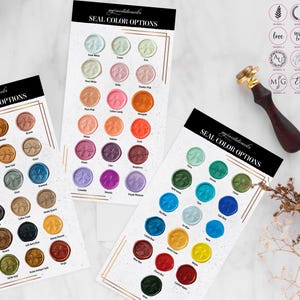 May include: Three cards showing different wax seal colors. The cards are labeled "Seal Color Options". The colors include:  Seafoam, Cream, Dusty Rose, Coral, Lemon Candy, Magenta, Lilac,  Purple,  Sage Green, Teal, Light Blue, Sky Blue,  Copper,  Burgundy,  Cherry Red,  Tangerine,  Yellow,  Gold,  Antique Gold,  Rose Gold,  Silver,  Black,  Light Navy Blue,  Emerald Green,  Brown,  Rustic Red,  Vintage White,  Indigo.