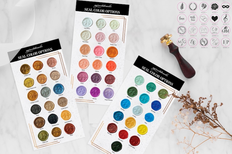 May include: Three cards showing different wax seal colors. The cards are labeled "Seal Color Options". The colors include:  Seafoam, Cream, Dusty Rose, Coral, Lemon Candy, Magenta, Lilac,  Purple,  Sage Green, Teal, Light Blue, Sky Blue,  Copper,  Burgundy,  Cherry Red,  Tangerine,  Yellow,  Gold,  Antique Gold,  Rose Gold,  Silver,  Black,  Light Navy Blue,  Emerald Green,  Brown,  Rustic Red,  Vintage White,  Indigo.