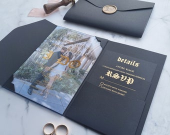 Gold Glitter Acrylic Wedding Invite – Photo & Black Pocket