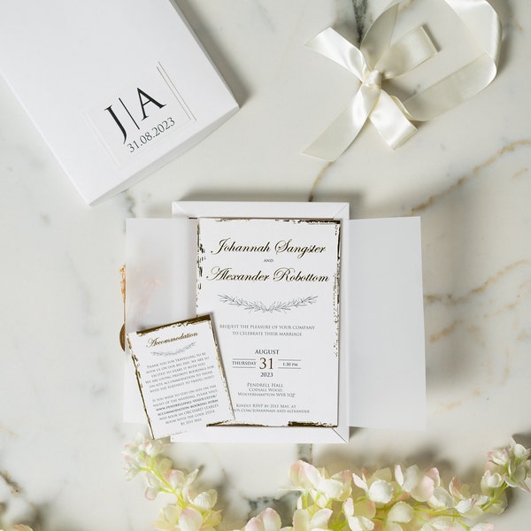Luxury Wedding Invitation with Customizable Box, Gold foil Invitations With white Box, flower and gold wax seal Paper invitation