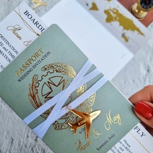 Sage Green Wedding Passport Invitation, Pearl Wedding invitation, Boarding Pass invitation with RSVP QR code, Destination Wedding