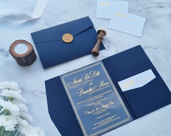 Gold Glitter Wedding Invitation Set: Navy Blue Envelope, RSVP