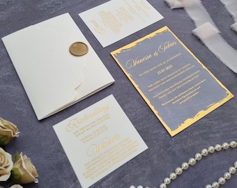 Luxury Ivory Trifold Wedding Invitation Set: Gold Acrylic, RSVP with QR Code