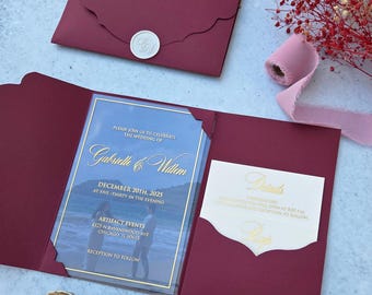 Burgundy Trifold Wedding Invitation: Clear Acrylic, Gold Foil, QR Code RSVP