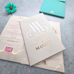 Faire-part de mariage luxe rigide avec enveloppe vert d’eau, papier ivoire, dorure, impression rose, gaufrage, pochette.
