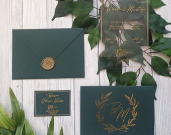 Luxury Green Wedding Invitation, Transparent Invitation, Modern Wedding Invitation, Gold, silver, rosegold foil print with colored envelope