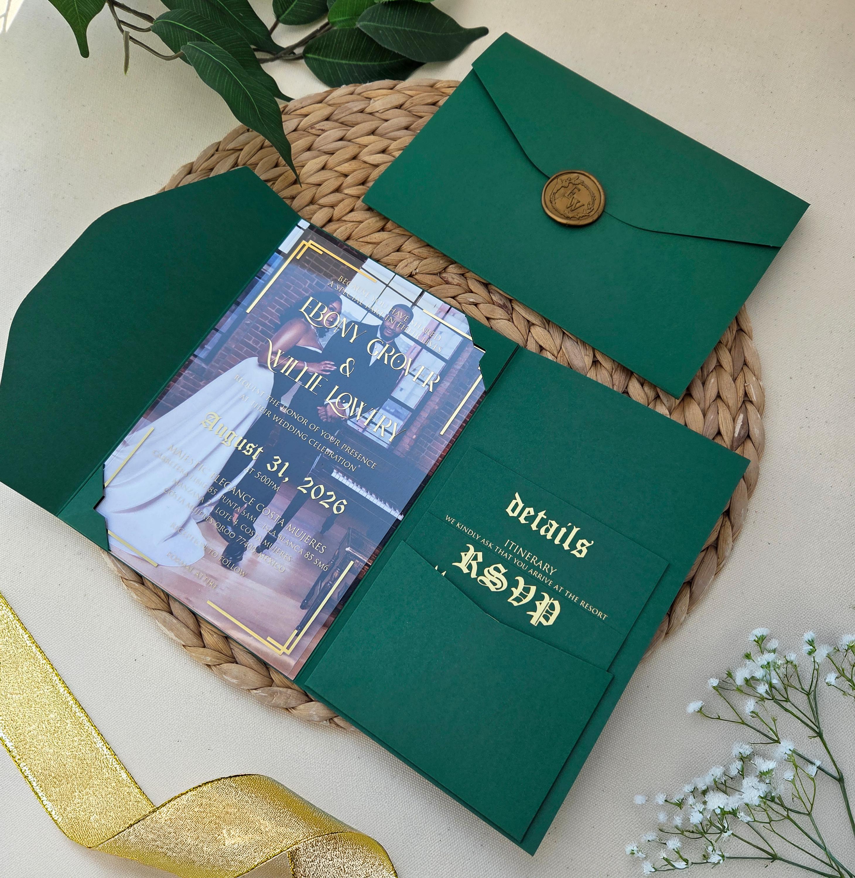 Modern Green Trifold Pocket Wedding invitation. Gold gilding Acrylic invitation Personalized RSVP card with QR Code and Gift Card