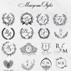 May include: A collection of sixteen black and white monogram designs titled Monogram Styles. The graphics feature various letter combinations, floral wreaths, geometric frames, crowns, and a heart-shaped fingerprint, with dates and text placeholders.