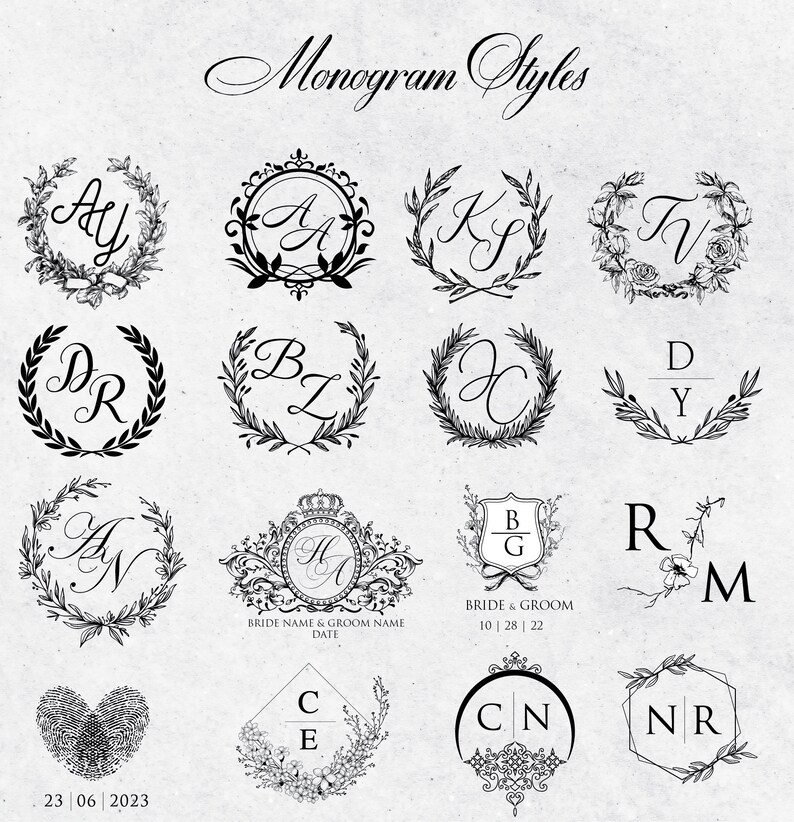 May include: A collection of sixteen black and white monogram designs titled Monogram Styles. The graphics feature various letter combinations, floral wreaths, geometric frames, crowns, and a heart-shaped fingerprint, with dates and text placeholders.