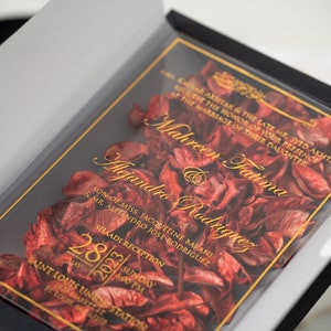 Luxury Wedding Invitation with Customizable Box, Gold Foil Acrylic Invitations With Black Box, decoration with dry red roses & black ribbon