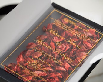 Black Boxed Wedding Invitation Suite, Acrylic Card, Gold Foil, Red Rose Petals