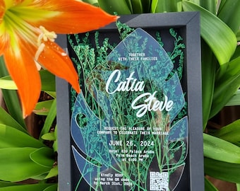 Luxury Tropical Leaf Wedding Invitation with Customizable Box, 2mm Plexi Laser Cut Invitations, green foil print box with green Flowers