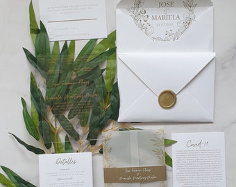3mm Plexi Wedding Invitation with RSVP set, Customizable Wedding Invitation Floral plexiglass with Gold print, Details Card & Place Drawing
