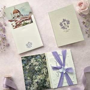 Invitación boda lujo lino tapa dura, tarjeta borde rasgado & RSVP, cinta vintage y sello de cera, sobre personalizado